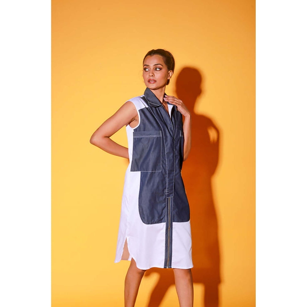 Echke White And Denim Sleeveless Shirt Dress Features Supersized Pockets.