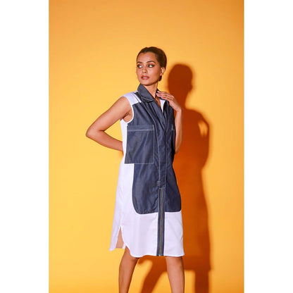Echke White And Denim Sleeveless Shirt Dress Features Supersized Pockets.