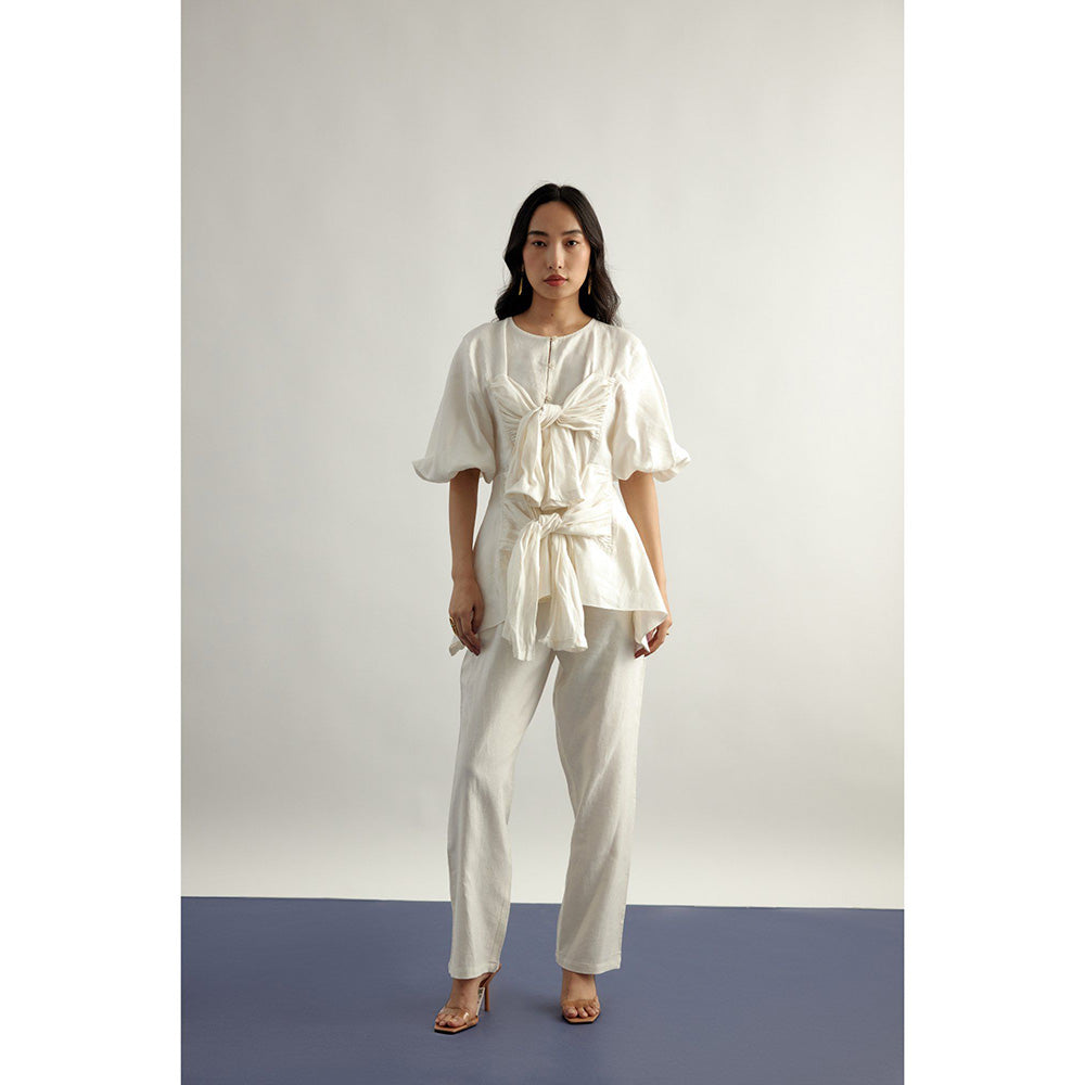 EchoStudio Linen Tie Up Top with Pants (Set of 2)