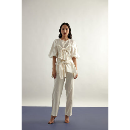 EchoStudio Linen Tie Up Top with Pants (Set of 2)