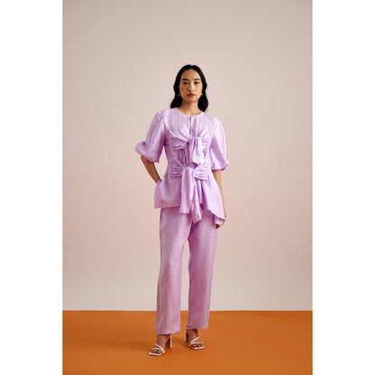 EchoStudio Linen Tie Up Top with Pants (Set of 2)