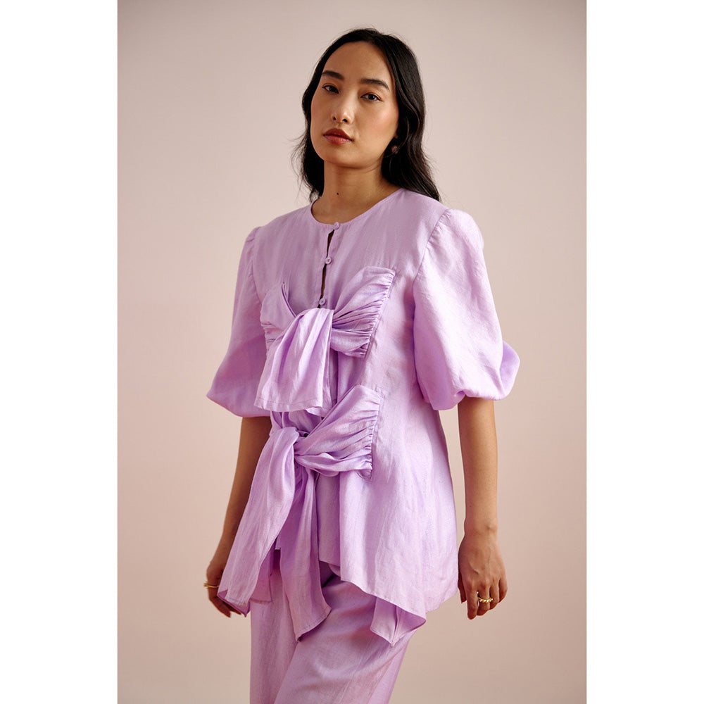 EchoStudio Linen Tie Up Top with Pants (Set of 2)