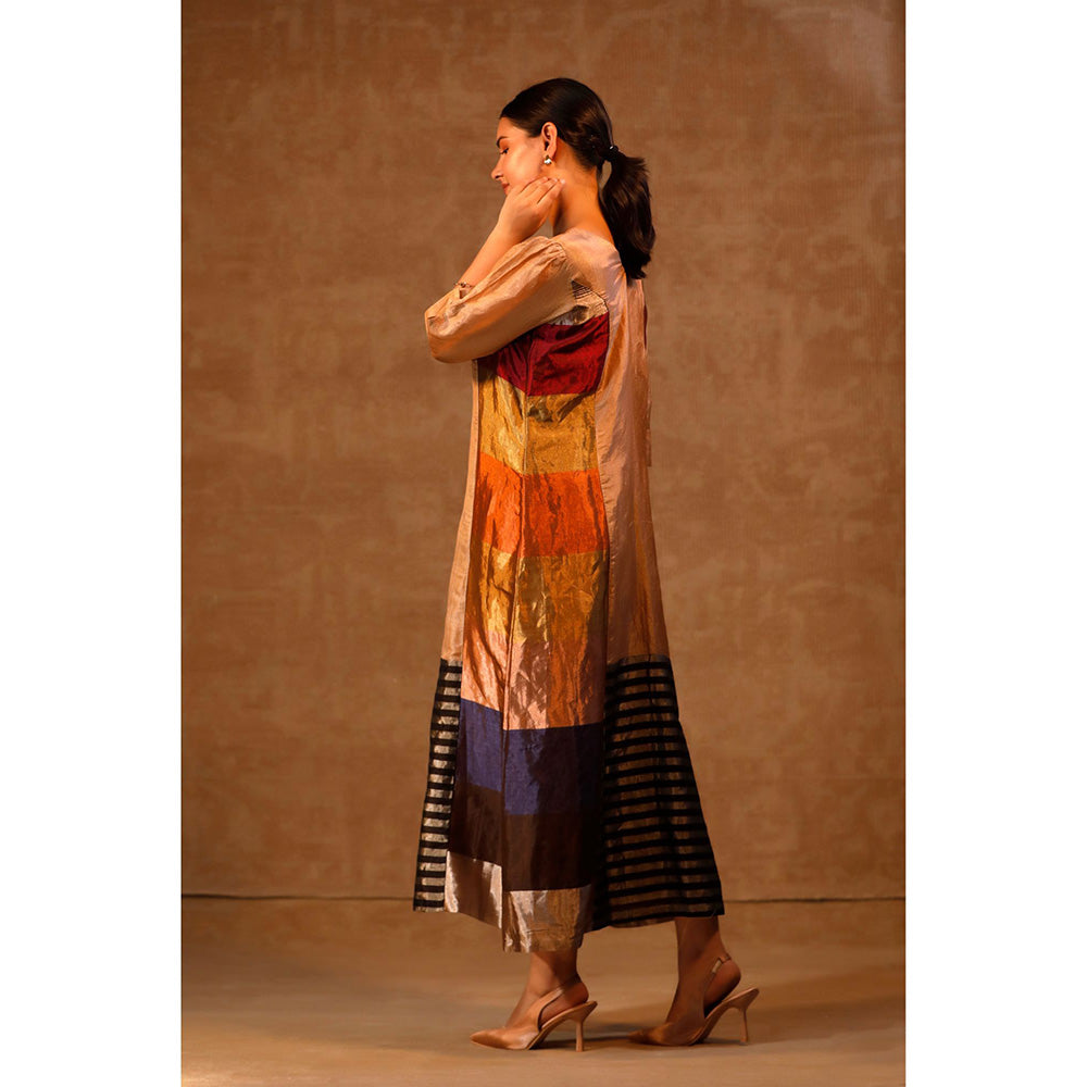 EEDA Multi-Colour Dhun Zari Striped V- Neck Dress