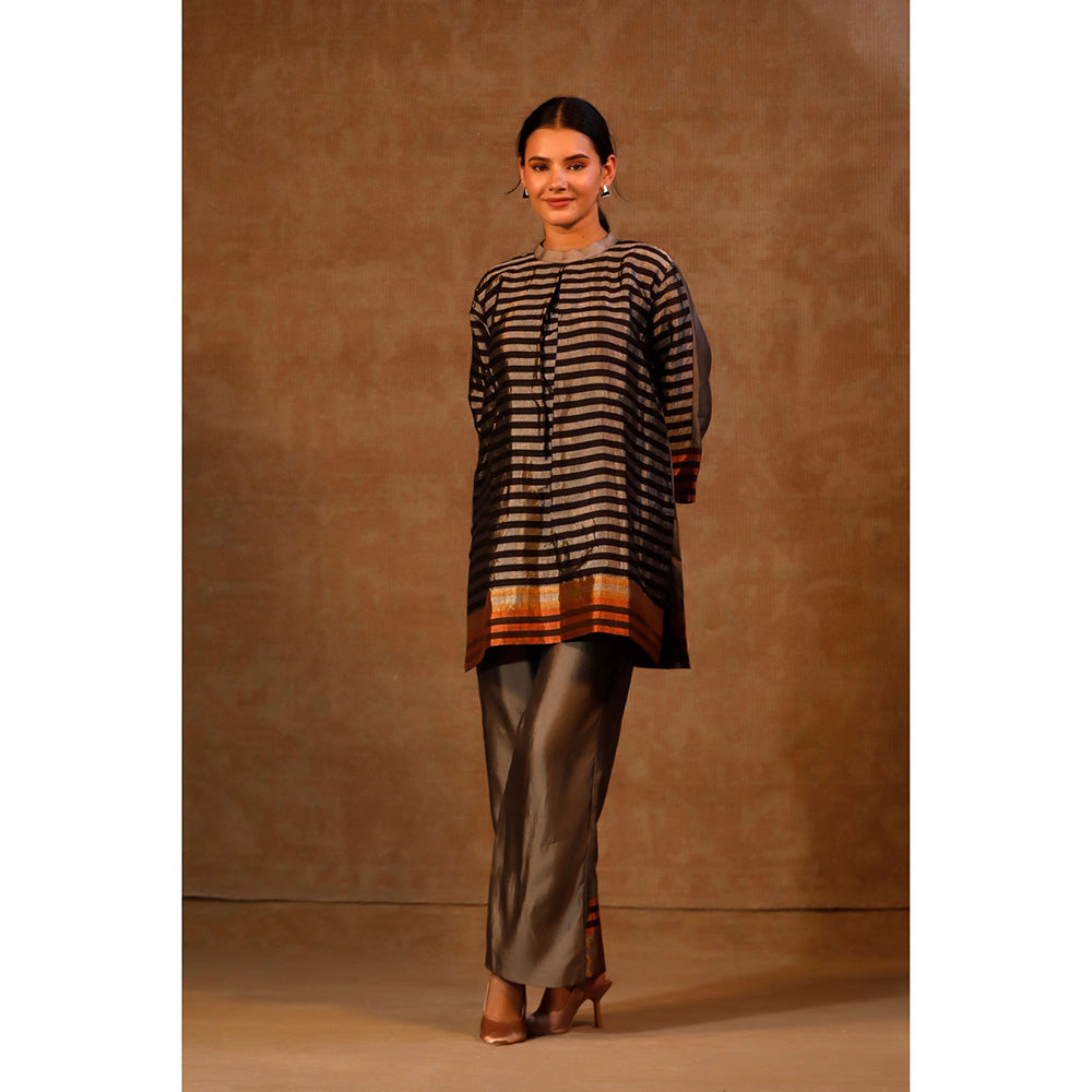 EEDA Grey Dhun Patch Zari Stripe High Neck Kurta with Pant (Set of 2)