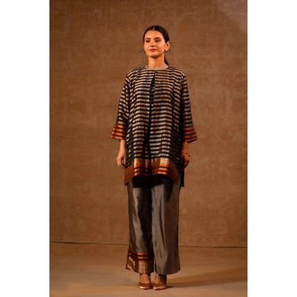 EEDA Grey Dhun Patch Zari Stripe High Neck Kurta with Pant (Set of 2)