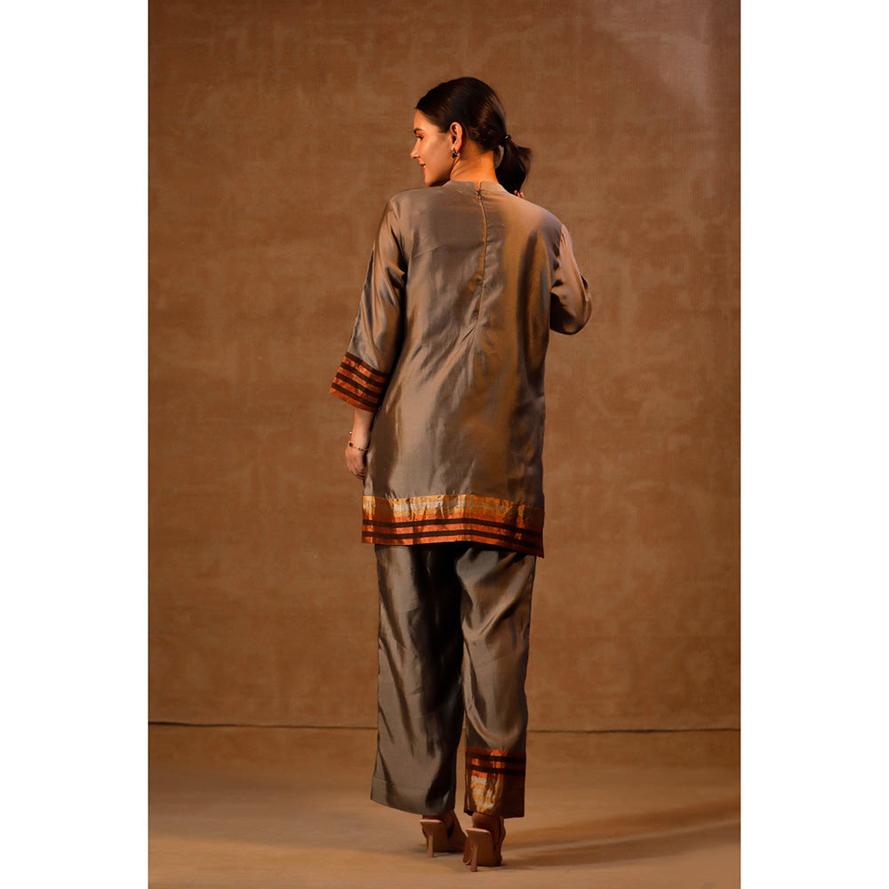 EEDA Grey Dhun Patch Zari Stripe High Neck Kurta with Pant (Set of 2)