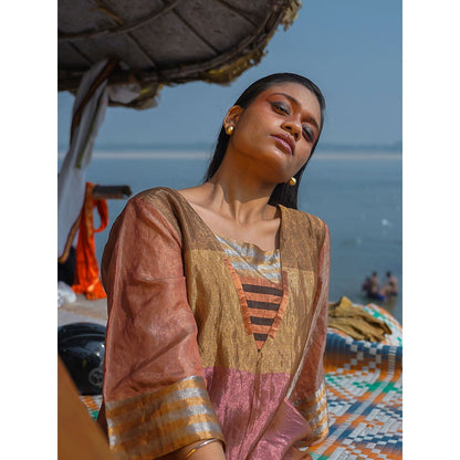 EEDA Multi-Colour Dhun Zari Stripe Patch Slit Dress