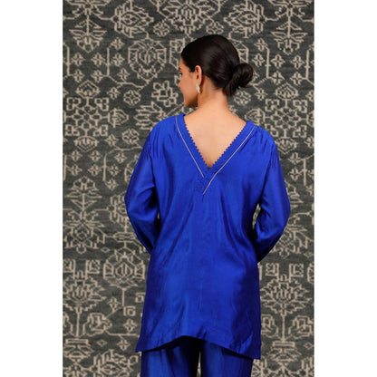 EEDA Navy Blue Embroidered Tunic with Bell Bottom Pant (Set of 2)