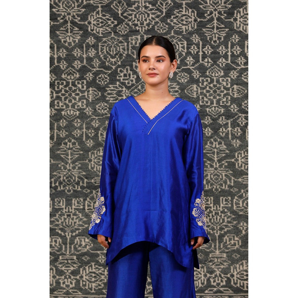 EEDA Navy Blue Embroidered Tunic with Bell Bottom Pant (Set of 2)