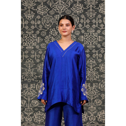 EEDA Navy Blue Embroidered Tunic with Bell Bottom Pant (Set of 2)