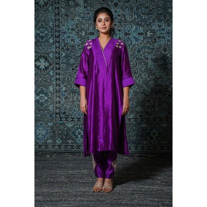 EEDA Purple Gather Embroidered Kurta with Pant (Set of 2)