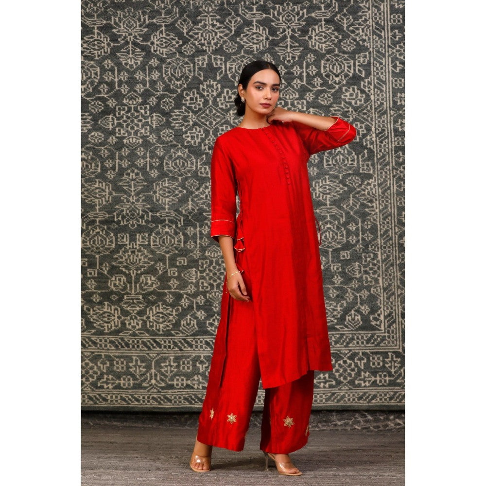 EEDA Red Dori Embroidered Kurta with Pant (Set of 2)