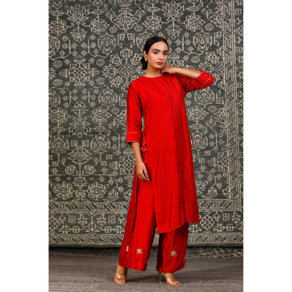 EEDA Red Dori Embroidered Kurta with Pant (Set of 2)