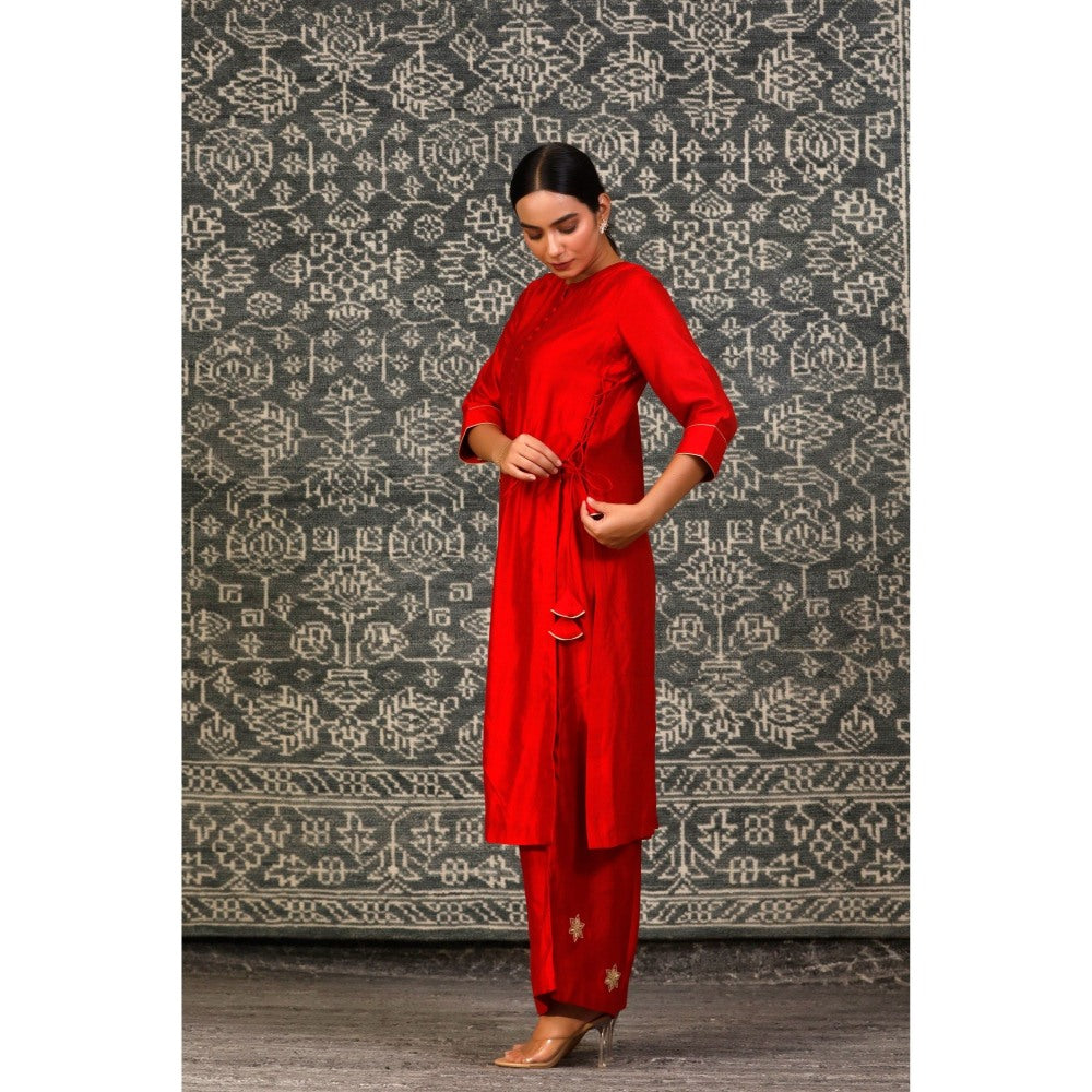 EEDA Red Dori Embroidered Kurta with Pant (Set of 2)