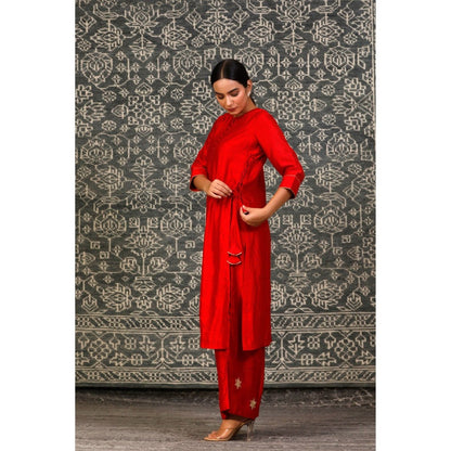 EEDA Red Dori Embroidered Kurta with Pant (Set of 2)
