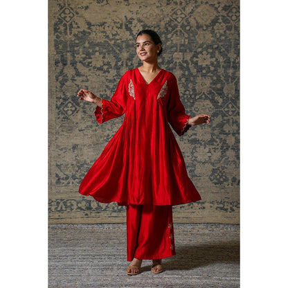 EEDA Red Gather Embroidered Anarkali Kurta with Palazzo (Set of 2)