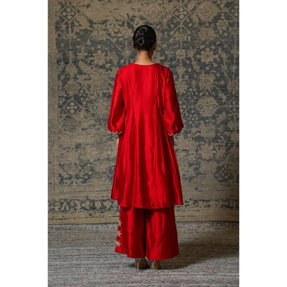 EEDA Red Gather Embroidered Anarkali Kurta with Palazzo (Set of 2)