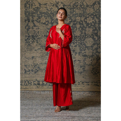 EEDA Red Gather Embroidered Anarkali Kurta with Palazzo (Set of 2)