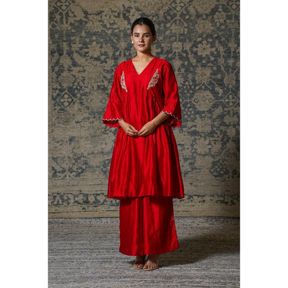 EEDA Red Gather Embroidered Anarkali Kurta with Palazzo (Set of 2)