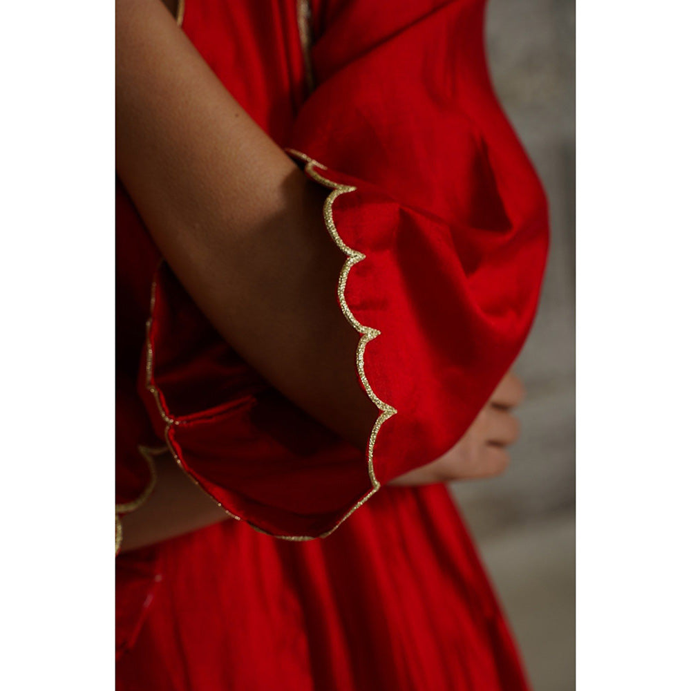 EEDA Red Gather Embroidered Anarkali Kurta with Palazzo (Set of 2)