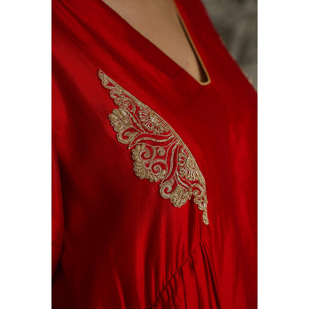 EEDA Red Gather Embroidered Anarkali Kurta with Palazzo (Set of 2)