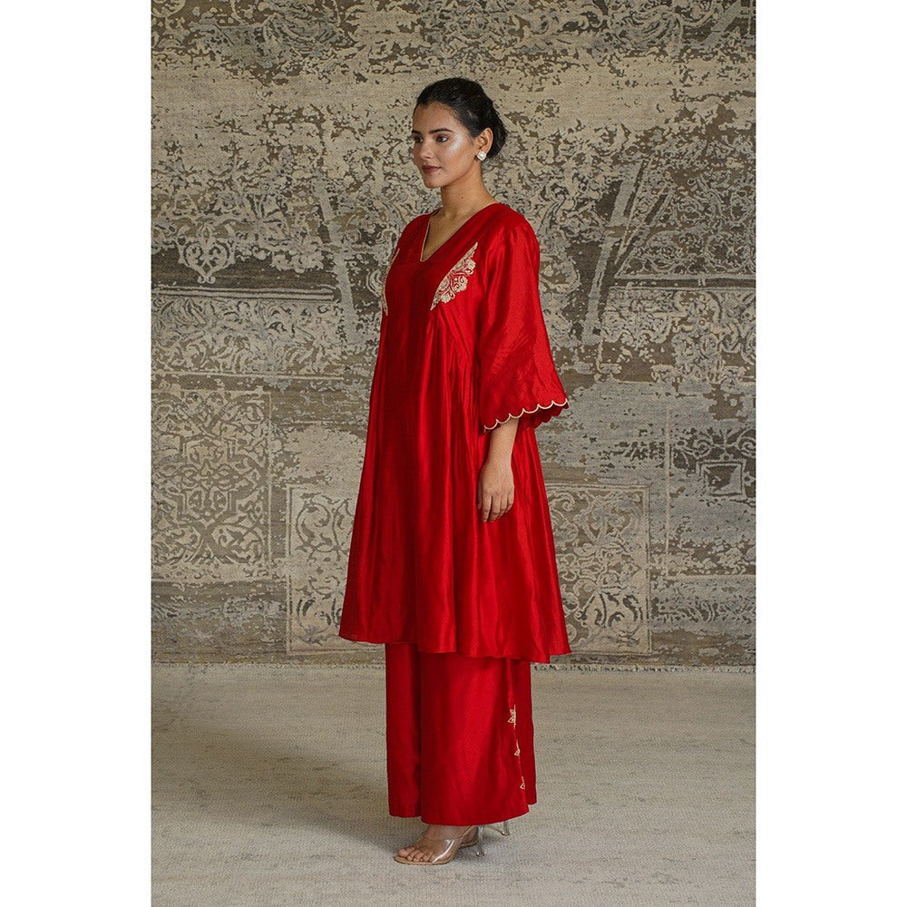 EEDA Red Gather Embroidered Anarkali Kurta with Palazzo (Set of 2)