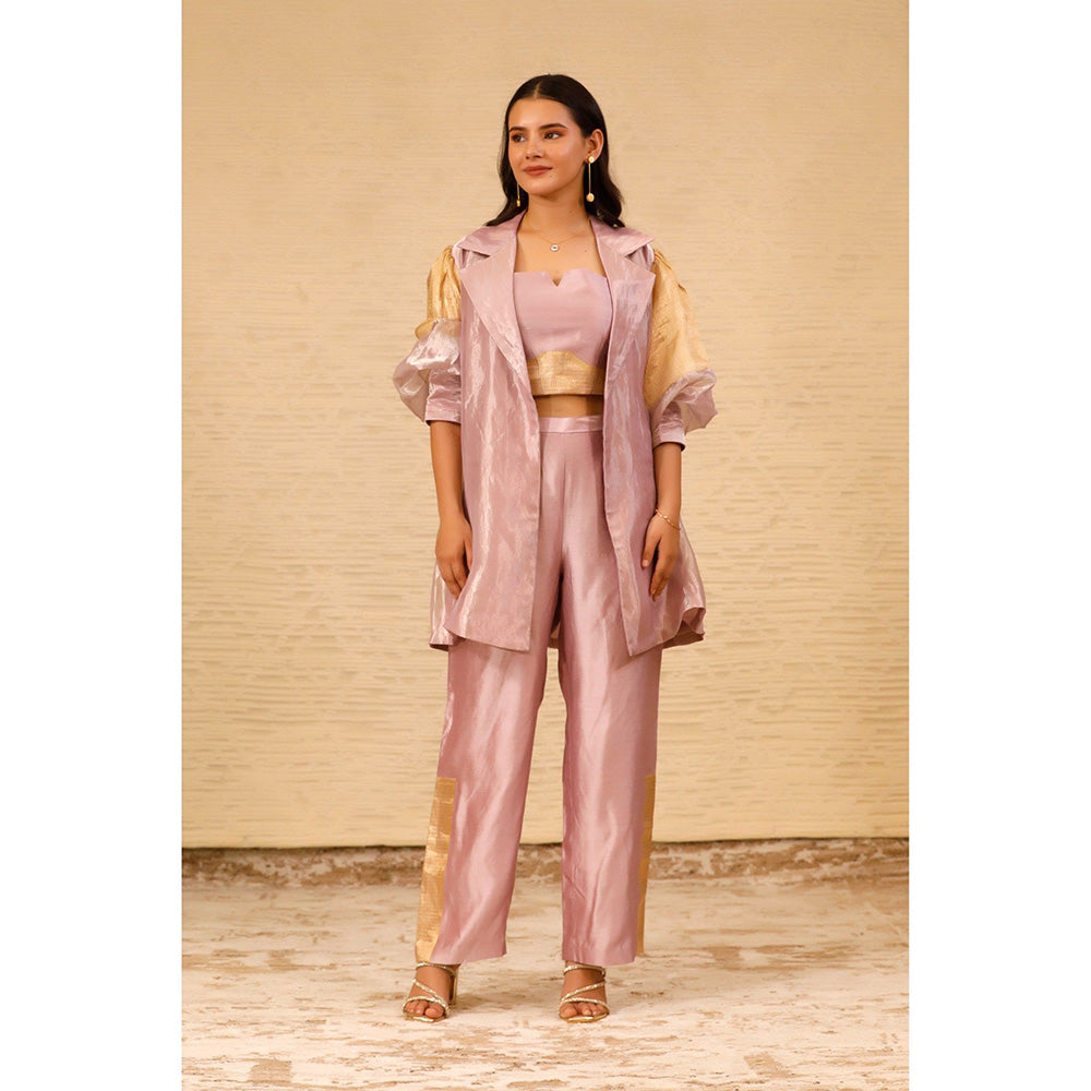 EEDA Pink Color Block Crop Top and Pant with Jacket (Set of 3)
