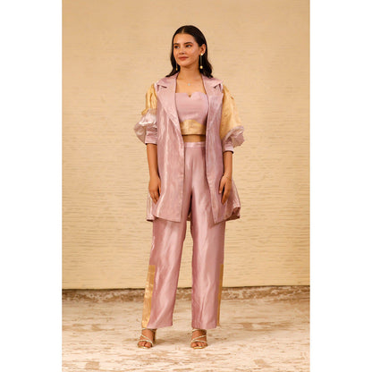 EEDA Pink Color Block Crop Top and Pant with Jacket (Set of 3)
