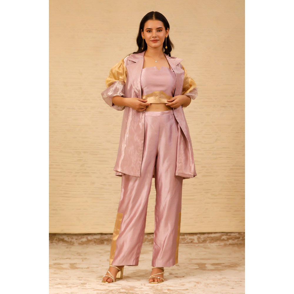 EEDA Pink Color Block Crop Top and Pant with Jacket (Set of 3)