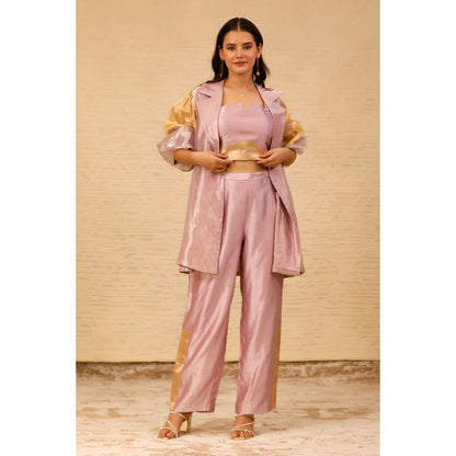 EEDA Pink Color Block Crop Top and Pant with Jacket (Set of 3)