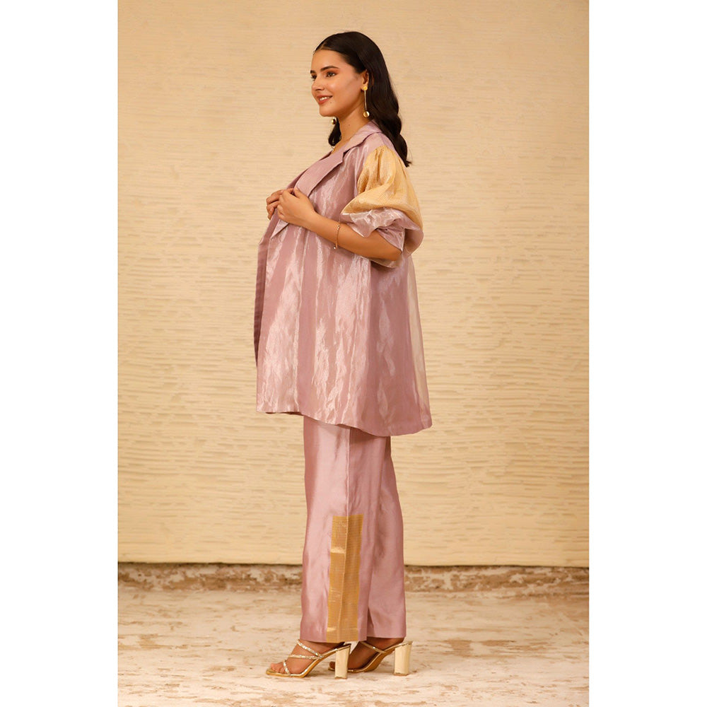 EEDA Pink Color Block Crop Top and Pant with Jacket (Set of 3)