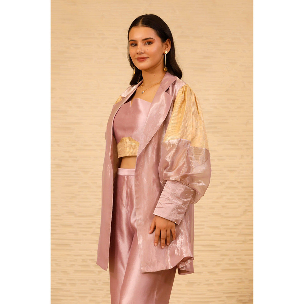 EEDA Pink Color Block Crop Top and Pant with Jacket (Set of 3)