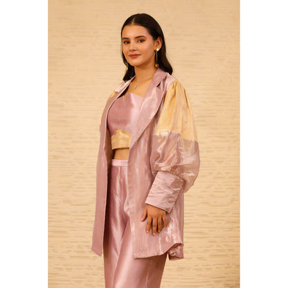 EEDA Pink Color Block Crop Top and Pant with Jacket (Set of 3)