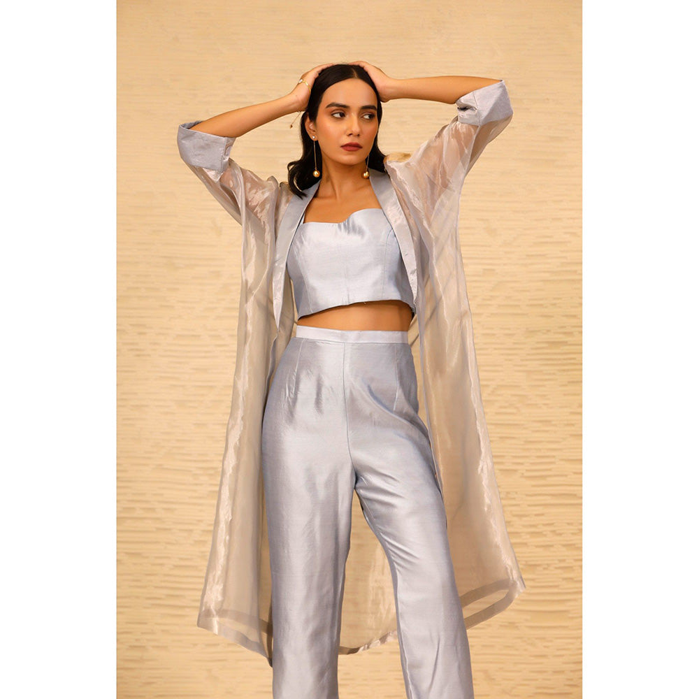 EEDA Grey Solid Crop Top with Pant and Long Jacket (Set of 3)