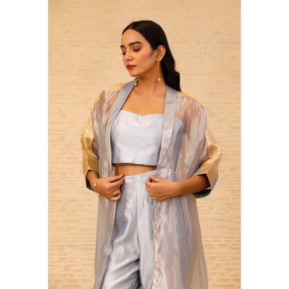 EEDA Grey Solid Crop Top with Pant and Long Jacket (Set of 3)