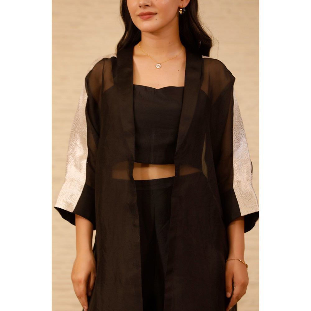 EEDA Black Solid Long Jacket with Crop Top and Pant (Set of 3)