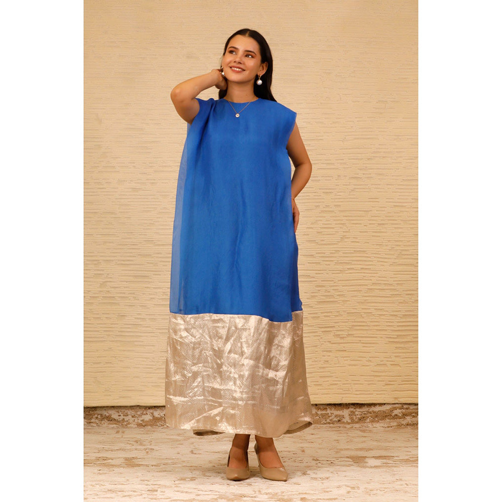 EEDA Blue Color Block Cuffed Shoulder Dress