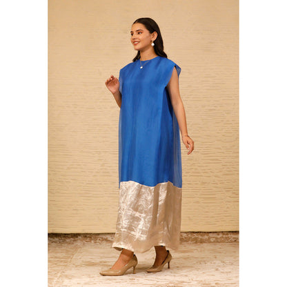 EEDA Blue Color Block Cuffed Shoulder Dress