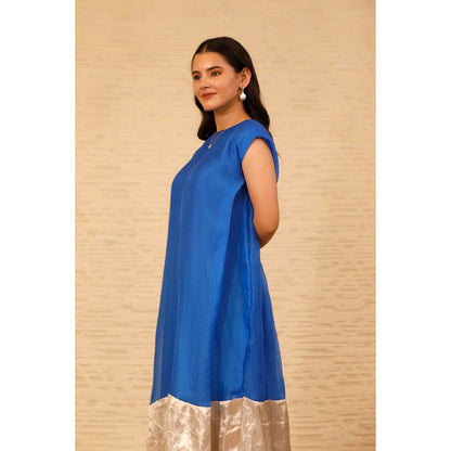 EEDA Blue Color Block Cuffed Shoulder Dress