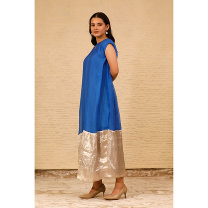EEDA Blue Color Block Cuffed Shoulder Dress