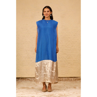 EEDA Blue Color Block Cuffed Shoulder Dress