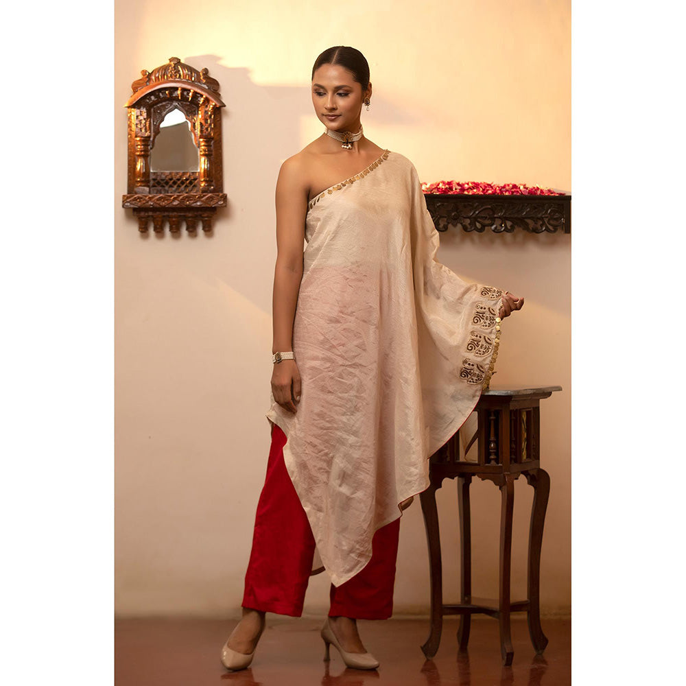 EEDA Parv One Shoulder White Kurta with Pant (Set of 2)