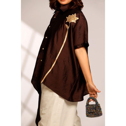 EEDA Asymmetrical Rose Shirt - Brown