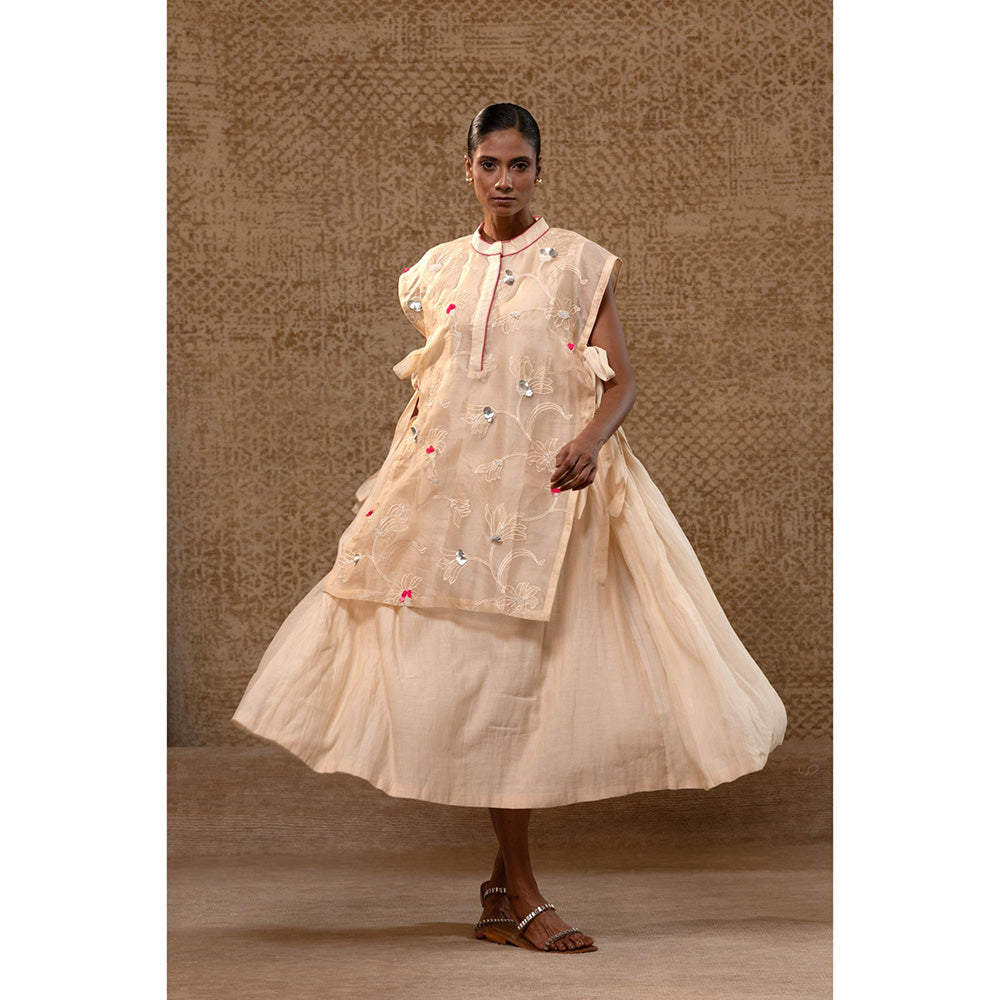 EEDA Taral Off White A Line Organza Applique Dress with Overlay