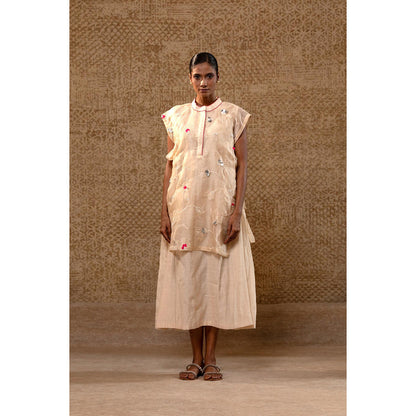 EEDA Taral Off White A Line Organza Applique Dress with Overlay