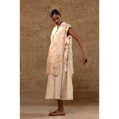 EEDA Taral Off White A Line Organza Applique Dress with Overlay