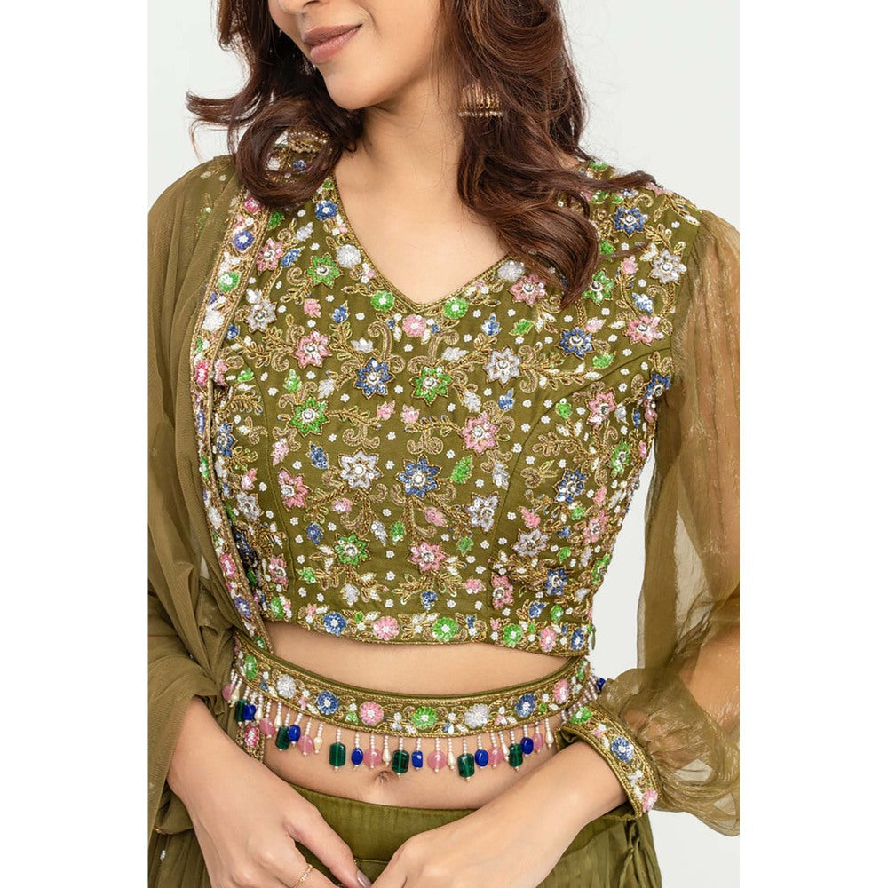 EESHA GUPTA Women Green Embroidered Lehenga with Choli and Dupatta (Set of 3)