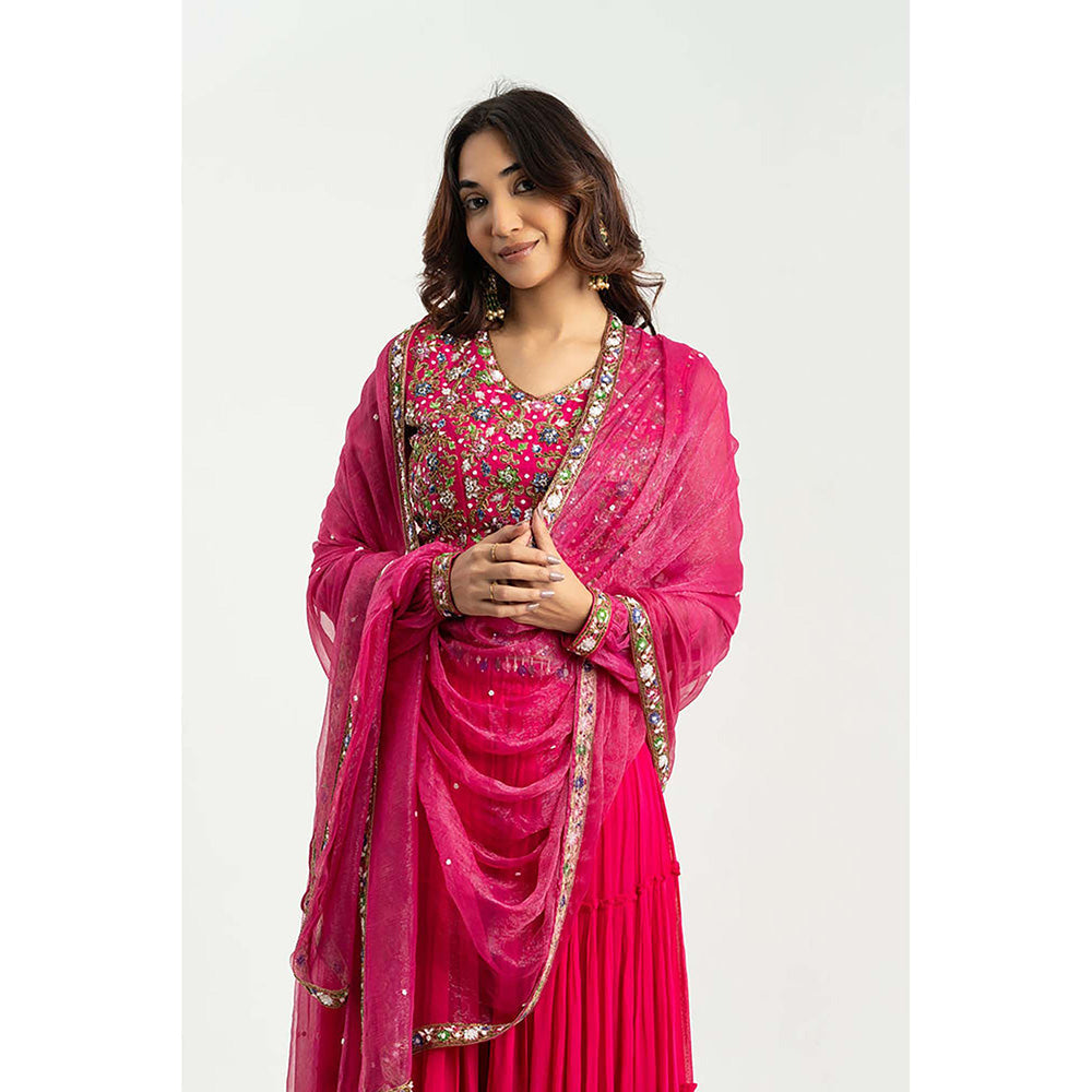 EESHA GUPTA Women Pink Embroidered Lehenga with Choli and Dupatta (Set of 3)