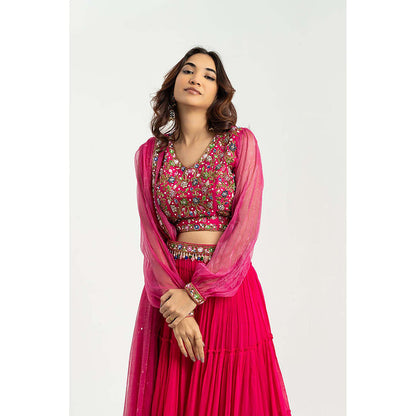 EESHA GUPTA Women Pink Embroidered Lehenga with Choli and Dupatta (Set of 3)
