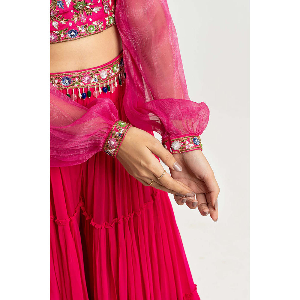 EESHA GUPTA Women Pink Embroidered Lehenga with Choli and Dupatta (Set of 3)